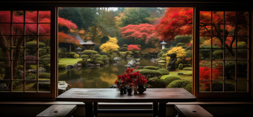 Japanese autumn scene seen from the living room - obrazy, fototapety, plakaty