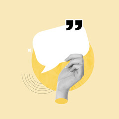 Human hands with speech bubble, white geometric shape, space for ad, text, design, Dialogue,...