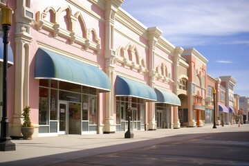 mall storefront pastel building business commercial empty estate exterior facades parking piazza real retail shop store disrobed striped stucco lot white - obrazy, fototapety, plakaty