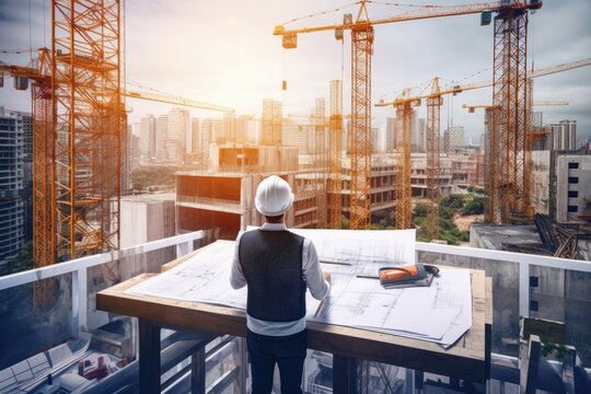 concept architecture engineering blueprints side building outdoors working inspecting engineer architect civil Smart construction blueprint project plan business industrial professional men at work