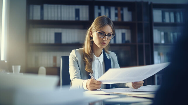 The paralegal is in the busy office, focusing on the documents and being meticulous - Generative AI