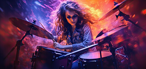 a women playing drums at a gig with blurring lights
