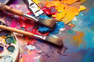 paintbrushed paints mixed colorful palette art Closeup brush oil basic school painter wet acrylic green craft fluid red yellow mixing canvas tube abstract oilpaint creative design colours