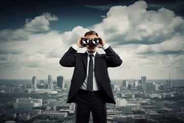 binoculars man Business find search see spy spying step binocular strategy success urban view vision watch looking adult agent altitude ambition businessman city landscape cloud concept control - obrazy, fototapety, plakaty