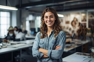 office standing designer female happy  business female happy entrepreneur designer people office arm at background beautiful businesswoman camera casual attire caucasian colleague - Powered by Adobe