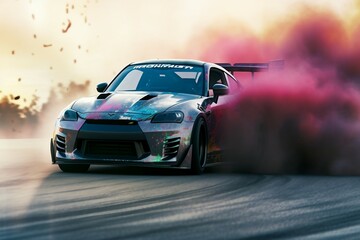 track speed tires burning smoke lots car drift race ffusion image Blurred drifting automobile...