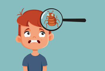 Boy with Lice Being Analyzed with a Magnifying Glass Vector Cartoon. Little child suffering from a infestation with parasites 
 - obrazy, fototapety, plakaty