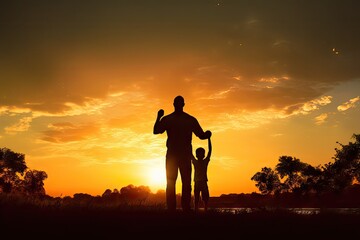 time sunset park playing son father  children day fly fun travel boy walking freedom people sun holiday maker family sunset children silhouette couple man vacation sport son hiking - obrazy, fototapety, plakaty