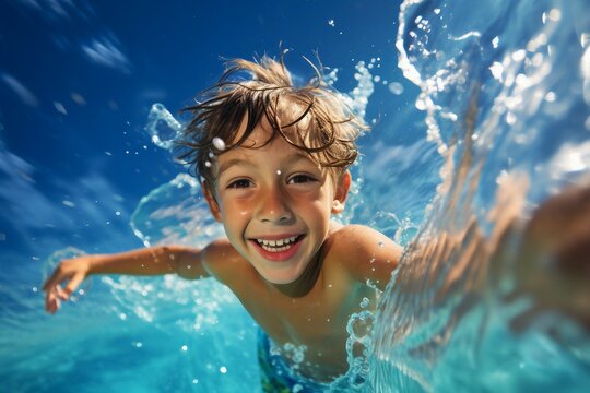 pool swimming splashing playing boy Happy caucasian children childhood little lifestyle happiness smile smiling joy fun swim swimmer water park sea ocean outside outdoors play leisure activity activ