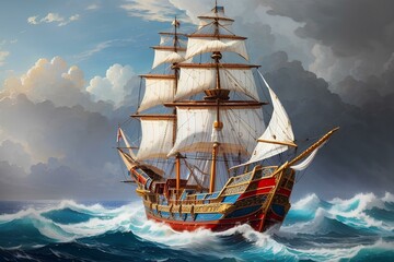 century large caravel with white sails, created by ai generated