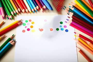 Fototapeta premium pencils pens colorful paper white drawing hands child's Close children hand home family education crayons happy holding bright colours light naive simple study draw background school art