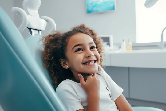 mixed race little patient showing perfect toothy smile while sitting dentists chair children teeth healthy dentistry girl funny medicals visit dentist health care clinic white beautiful office