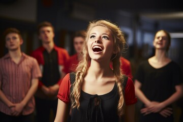 college drama class singing taking students student training vocation studying acting singer music course learning education boy girl four people person happy - obrazy, fototapety, plakaty