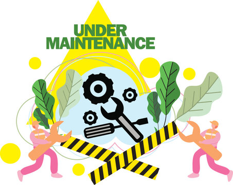 UNDER MAINTENANCE WITH TOOLS IN BLACK AND YELLOW COLOR VECTOR ILLUSTRATION