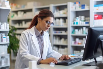 counter pharmacy computer using while medication holding pharmacist female young portrait shop chemist working doctor apothecary service desktop pc medicine electronic mail technology