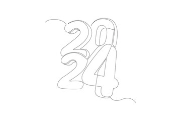 Continuous one line drawing 2024 Happy New Year logo text design. Doodle vector illustration.