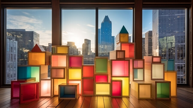 カラフルでライトで光っている木のBOXを積み重ねて作った街並みがビルの一室に造られている、背景ボケたビジネス街のビル