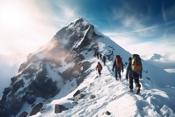 winter mountain ascending climbers group A climbing extreme trekking alpinist adventure alps climber ascent blue cold dangerous equipment expedition explore hiking ice landscape team mountaineering - obrazy, fototapety, plakaty