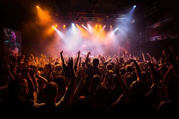 crowd concert audience music show live people party venue performance perform pop rock and roll loud event nightlife band background entertainment - obrazy, fototapety, plakaty
