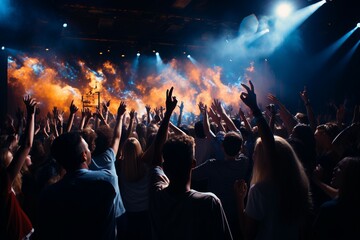 concert worship people crowd music party light night club dance disco rock event dj stage laser nightclub festival audience show silhouette entertainment blue fun - obrazy, fototapety, plakaty