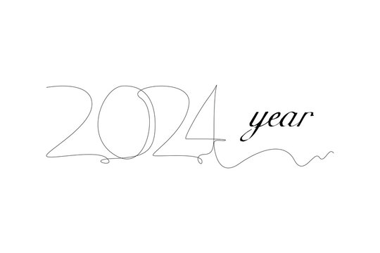 Continuous one line drawing 2024 Happy New Year logo text design. Doodle vector illustration.