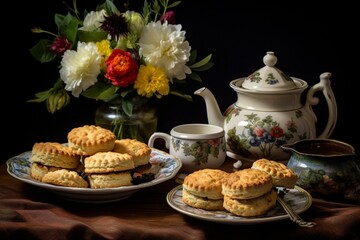 Obraz na płótnie Canvas Arrangement of tea, scones, muffins. Generative AI