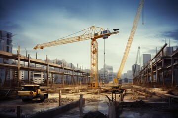 Fototapeta na wymiar site construction building crane lifting machinery architecture technology engineering industrial industry scaffolding housing project urban growth sky work skyscraper future equipment