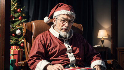 Portrait of Santa Claus sitting in a chair, with a gift box and decorated tree