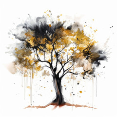 Watercolour tree painted with vivid rich colour and expressive watercolor washes on thick paper — Golden colours 