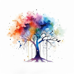 Watercolour tree painted with vivid rich colour and expressive watercolor washes on thick paper — Rainbow colours 