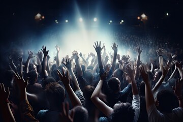 crowd cheering concert hand raised air light spotlight arm rock pop show fan music musical hollywood theatre entertainment perform performance background beam ray mist fog smoke dark - obrazy, fototapety, plakaty