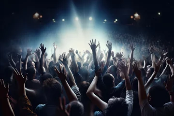 Poster crowd cheering concert hand raised air light spotlight arm rock pop show fan music musical hollywood theatre entertainment perform performance background beam ray mist fog smoke dark © sandra