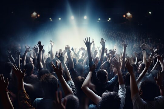 crowd cheering concert hand raised air light spotlight arm rock pop show fan music musical hollywood theatre entertainment perform performance background beam ray mist fog smoke dark