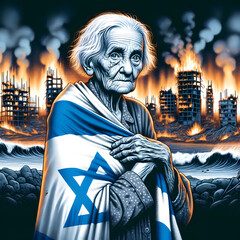 elderly woman, wearing worn-out clothes, holding the Israel flag