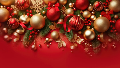 Fototapeta na wymiar Elegant gold ornaments on a vibrant red backdrop for celebrating Christmas. Ai generative.