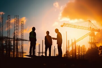 scuss construction orders standing engineer silhouette industry industrial engineering business energy background estate metal building site power men at work contractor real equipment - obrazy, fototapety, plakaty