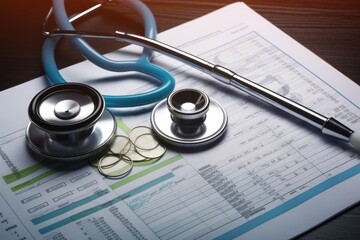desk financial stethoscope datum clinic health system doctor report paperwork document medicals exam paper home nubes laptop isolated form file nobody patient business consumerism