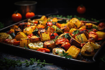 Roasted vegetables on sheet pan oven tray, grilled autumn veggies