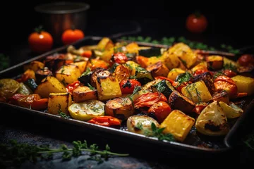Foto op Aluminium Roasted vegetables on sheet pan oven tray, grilled autumn veggies © lermont51