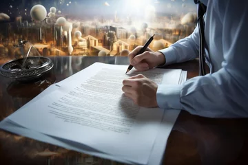 Fotobehang contract Business paper pen agreements signs legal form deal corporate hand lawyer paperwork closeup signature male law work people success white businessman collaboration write office desk finance © sandra