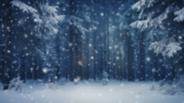 blur pine forest white snow falling background. festive winter seasonal Christmas and new year decoration concept