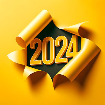 graphic showcasing yellow paper tear, with the bold number 2024 being unveiled from beneath, capturing the essence of transitioning from 2023 to 2024.