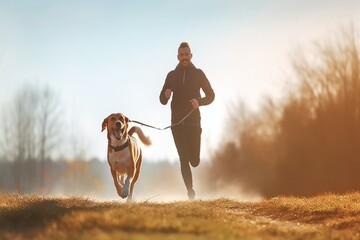 concept lifestyle healthy morning sunny dog beagle runs man exercises canicross  cross dog exercise fit fitness health healthy jogger jogging man marathon nature people pet run runner sport - obrazy, fototapety, plakaty