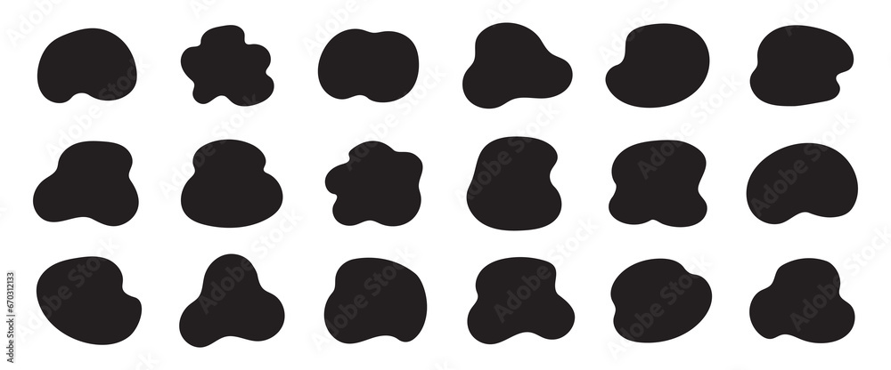 Poster Organic blob shape, abstract amoeba, irregular fluid element set. Simple flat abstract splodge, amoeba blob, liquid shape graphic design element. Vector illustration