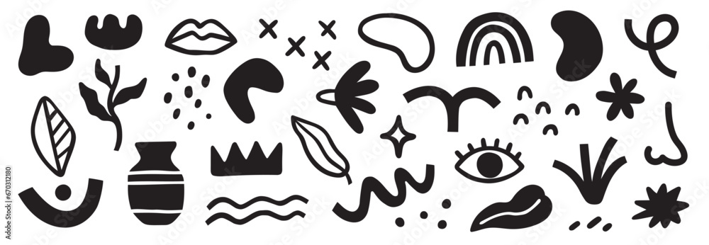 Poster Abstract blob shape doodle set element. Geometric abstract flower, blob face, organic doodle modern shape. Creative graphic design playful, cute color poster elements. Vector illustration