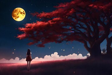 anime girl stand alone under a tree with big moon up to the clouds night time digital art ,type painting