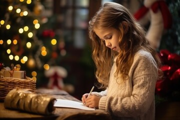 Pretty little girl with curly hair in santa hat writes letter to santa at the table near the christmas tree at home. Merry Christmas and Happy New Year concept