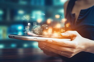 communication network payment banking online multichannel icon graphic phone smart holding hand woman cyberspace digital advertising grooved multi thing marketing technology bank service