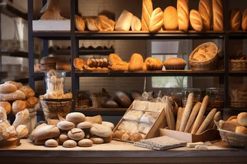 Fotobehang buns bread bakery ordinary display modern different assortment kind bun croissant loaf showcase counter retail small medium business trade store shop glasses sweet fresh baked french © akkash jpg