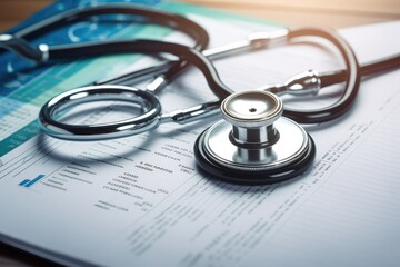 desk financial stethoscope datum clinic health system doctor report paperwork document medicals exam paper home nubes laptop isolated form file nobody patient business consumerism